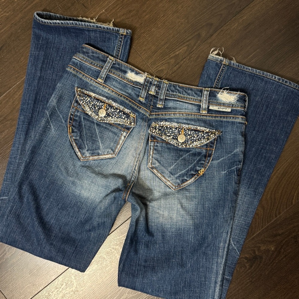 Vintage Y2K J & Company Jeans Ocean Bootcut 29 Crystals Rhinestone Flap Pocket